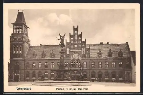 AK Greifswald, Postamt und Kriegerdenkmal