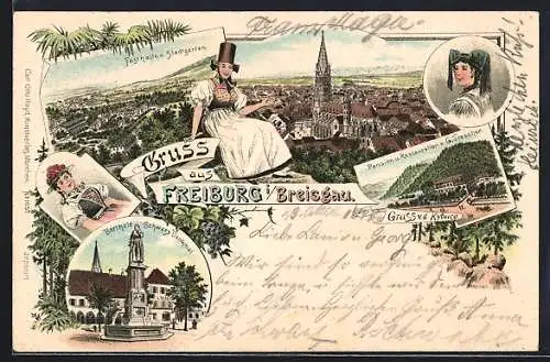 Lithographie Freiburg / Breisgau, Berthold-Schwarz-Denkmal, Festhalle und Stadtgarten, Pension und Restauration