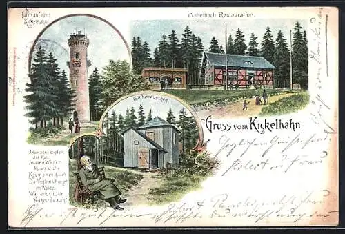 Lithographie Ilmenau, Gabelbach Restaurant, Göthehäuschen, Turm auf dem Kickelhahn