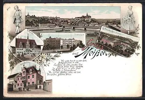 Lithographie Meissen, Fürstenschule, Burgkeller und Königliche Porzellan-Manufaktur