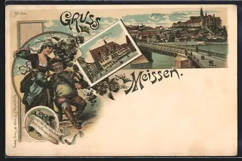 Lithographie Meissen, Ortstotale mit der Albrechtsburg, das Rathaus