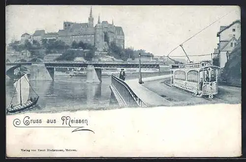 AK Meissen / Sa., Strassenbahn mit Flusspartie