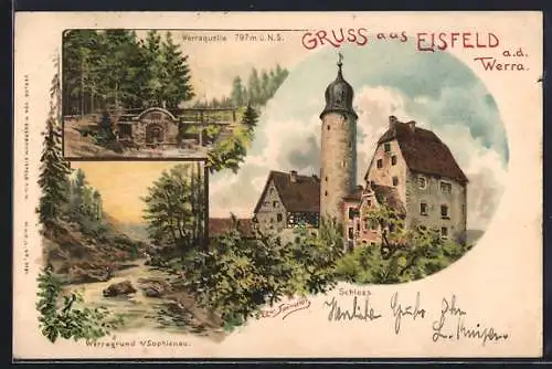 Künstler-Lithographie Erwin Spindler: Eisfeld, Schloss, Werraquelle, Werragrund