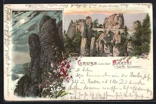 Lithographie Lohmen / Sächsische Schweiz, Bastei, der Felsen und die Brücke