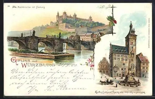 Lithographie Würzburg, Ortsansichten, Alte Mainbrücke mit Festung, Grafen Eckhardt Thurm und Vierröhrenbrunnen