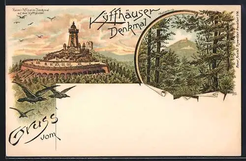 Lithographie Kyffhäuser, Kaiser-Wilhelm-Denkmal, Rothenburg