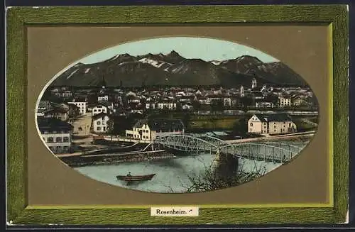 AK Rosenheim / Inn, Stadtansicht mit Brücke u. Bergpanorama, im Rahmen