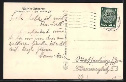 AK Freiburg / Breisgau, Gasthaus Waldsee-Restaurant H. Zink, vom Ruderboot-Anleger gesehen