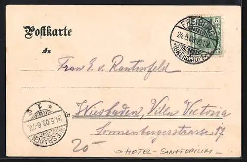AK Freiburg i. B., Hotel-Sanatorium Rebhaus mit Bergpanorama aus der Vogelschau