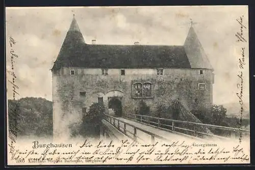 AK Burghausen / Salzach, Partie auf der Brücke zum Georgsturm