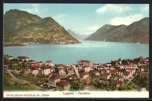 AK Lugano-Paradiso, Ortsansicht mit Blick auf den Luganer See