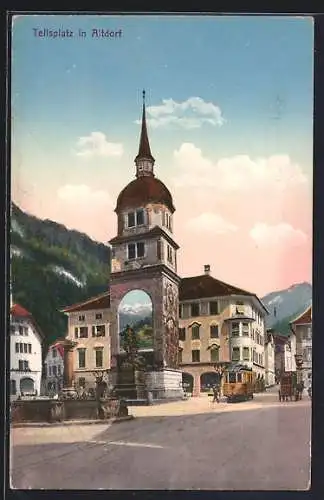 AK Altdorf, Tellsplatz mit Denkmal und Strassenbahn