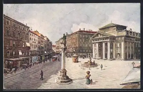 Künstler-AK Trieste, Piazza della Borsa, Strassenbahn