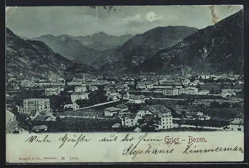 Mondschein-AK Gries-Bozen, Ortsansicht gegen das Gebirge