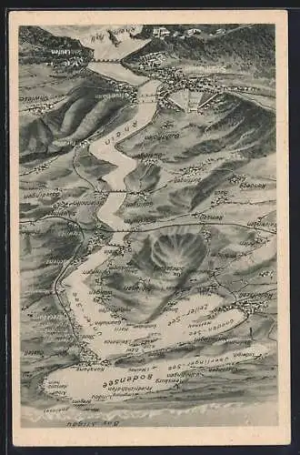 Künstler-AK Friedrichshafen, Bodensee und Rhein von Allgäu bis Rheinfall, Landkarte