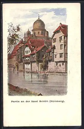 Lithographie Nürnberg, Insel Schütt mit Synagoge im Hintergrund