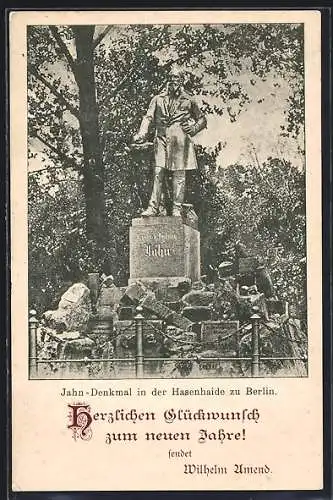 AK Berlin, Jahn-Denkmal in der Hasenheide, Neujahrsgruss