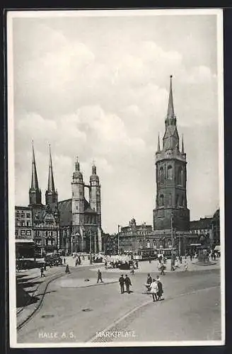 AK Halle a. S., Marktplatz mit Strassenbahn