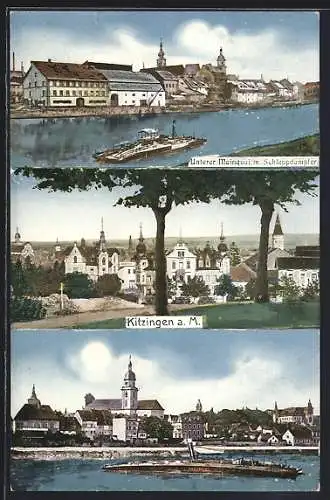 AK Kitzingen a. M., Unterer Mainquai mit Schleppdampfer, Stadtpanorama