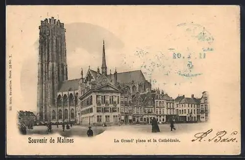 AK Malines, La Grand` place et la Cathedrale