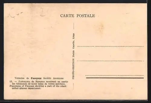 AK Fauquez, Verreries de Fauquez, Panorama de Fauquez montrant en partie les Batiments de notre usine de verres spéciaux