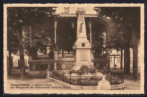 AK Waesmunster, Nieuwe Kiosk met Standbeeld der Gesneuvelde Soldaten 1914-18