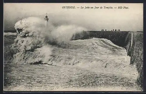 AK Ostende, La Jetée un Jour de Tempete