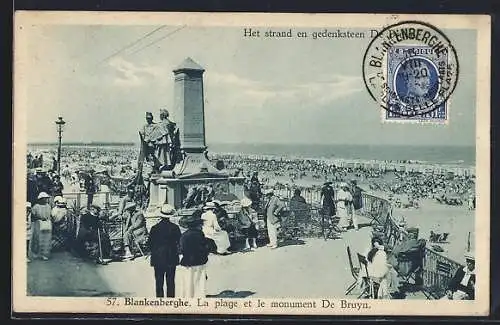 AK Blankenberghe, La plage et le monument de Bruyn