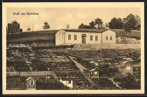 AK Rotschau, Blick auf den hang mit dem Wohnhaus auf dem Berg, Turnhalle des Turnverein Vorwärts E.V.