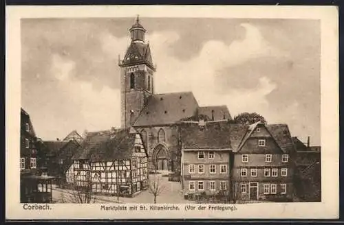 AK Corbach, Marktplatz mit St. Kiliankirche vor der Freilegung