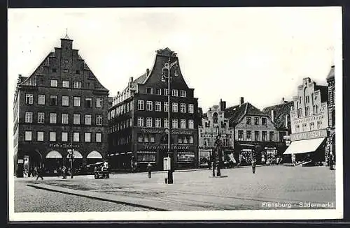 AK Flensburg, Südermarkt mit Gebäude Nordisches Speisehaus / Beamtenbank