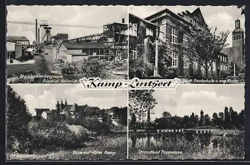 AK Kamp-Lintfort, Steinkohlenbergwerk Friedrich Heinrich, Strandbad Pappelsee, Städt. Realschule u. ev. Kirche