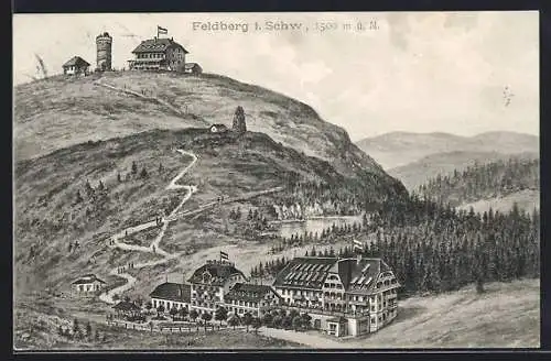 Künstler-AK Feldberg i. Schw., Gesamtansicht mit Umgebung, Hotelgebäuden und Turm