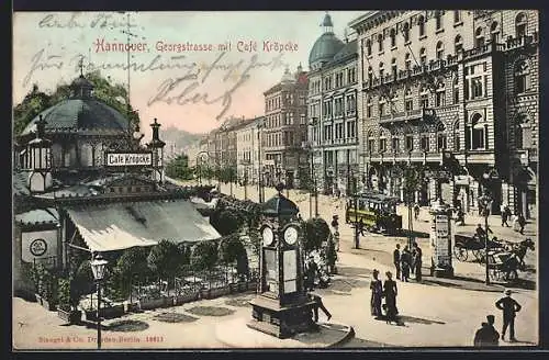 AK Hannover, Georgstrasse mit Cafe Kröpcke, Strassenbahn, Wettersäule