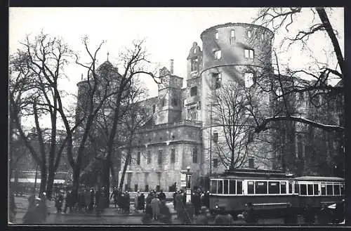 AK Stuttgart, Brand des alten Schlosses 1931 und Strassenbahn