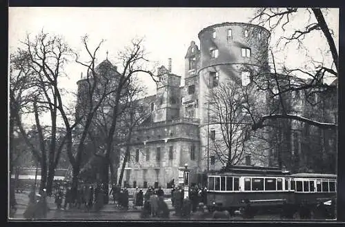 AK Stuttgart, Brand des alten Schlosses 1931 und Strassenbahn