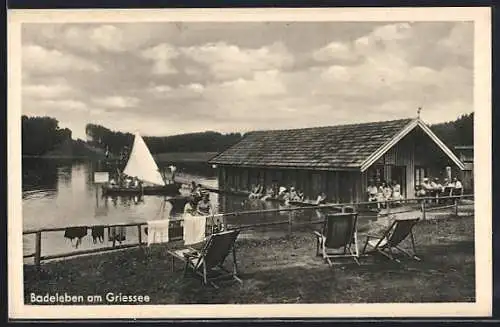 AK Obing /Bay., Badeleben am Griessee, Badeanstalt mit Gebäude