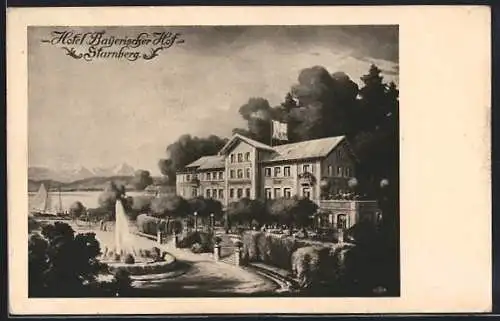 Künstler-AK Starnberg, Brunnen am Hotel Bayerischer Hof