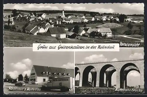 AK Geisenhausen in der Holledau, Rasthaus z. Holledau m. LKW Deta-Batterien, Autobahnbrücke, Totalansicht