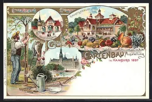 Lithographie Hamburg, Allgemeine Gartenbau-Ausstellung 1897, Hauptgebäude