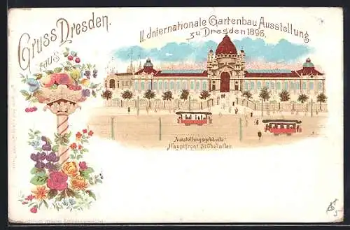 Lithographie Dresden, II. Internationale Gartenbau-Ausstellung 1896, Ausstellungsgebäude Stübelallee