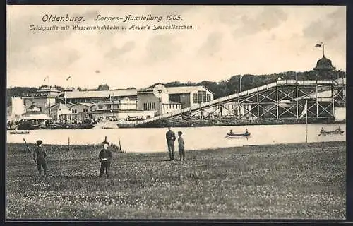 AK Oldenburg / Old., Landes-Ausstellung 1905, Teichpartie mit Wasserrutschbahn u. Hoyer`s Seeschlösschen