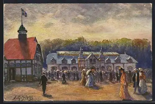 Künstler-AK Oldenburg / O., Landes-Ausstellung 1905, Maschinenallee und Verwaltungsgebäude