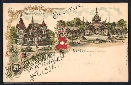 Lithographie Genève, Exposition Nationale Suisse 1896, Ausstellungsgebäude, Wappen