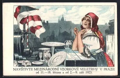 Künstler-AK Prag, Navstivte Mezinarodni Vzorkove Veletrhy v Praze 1923