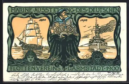 Künstler-AK Darmstadt, Marine-Ausstellung des Deutschen Flottenvereins 1900, Kriegsschiffe 1800 und 1900