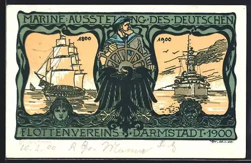 Künstler-AK Darmstadt, Marine-Ausstellung des Deutschen Flottenvereins 1900, Kriegsschiffe 1800 und 1900