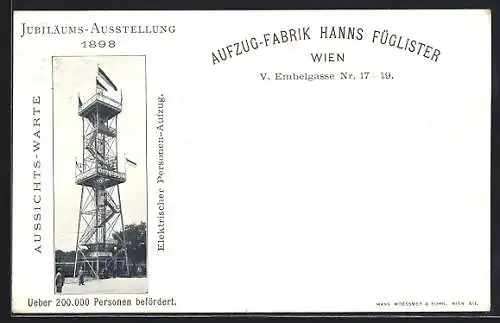 AK Wien, Jubiläums-Ausstellung 1898, Aufzug-Fabrik Hanns Füglister