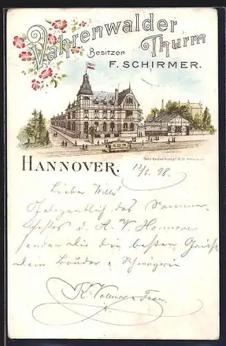 Lithographie Hannover, Gasthaus Vahrenwalder Thurm v. F. Schirmer