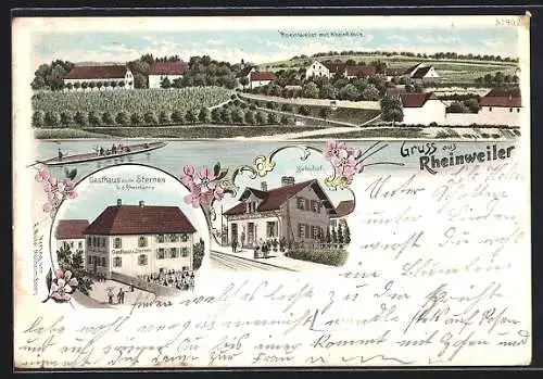 Lithographie Rheinweiler, Gasthaus zum Sternen, Bahnhof, Ortsansicht